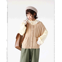 Japanese direct mail ehka sopo womens pocket decorated round neck knitted vest breathable three-dimensional woven summer