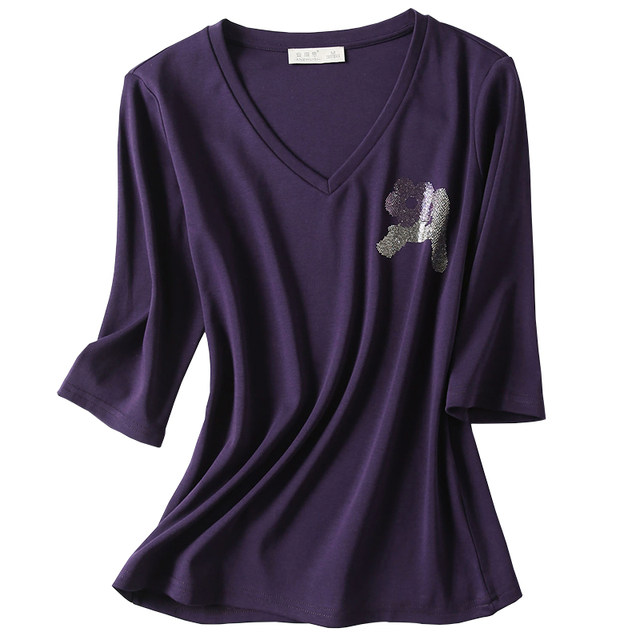 2022 new autumn clothes V-neck three-quarter sleeve purple bottoming shirt with pure modal cotton t-shirt top large size women's clothing