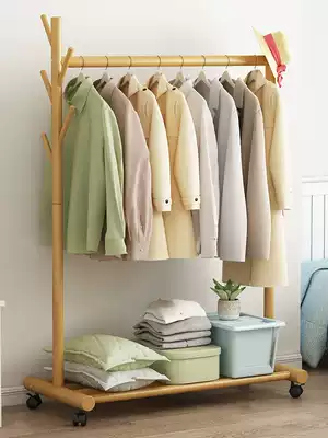 Solid wood bedroom hanger floor-to-ceiling wooden household coat rack simple indoor mobile shelf hanging clothes shelf
