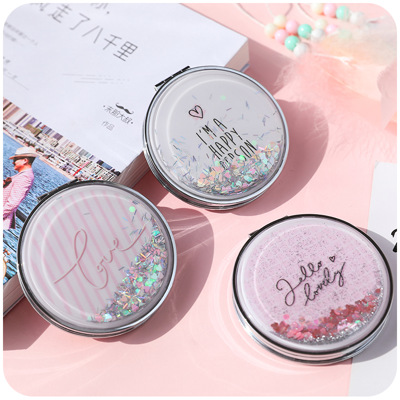 Cute hand-held small portable portable clamshell folding makeup mirror Girl heart student quicksand double-sided magnifying glass