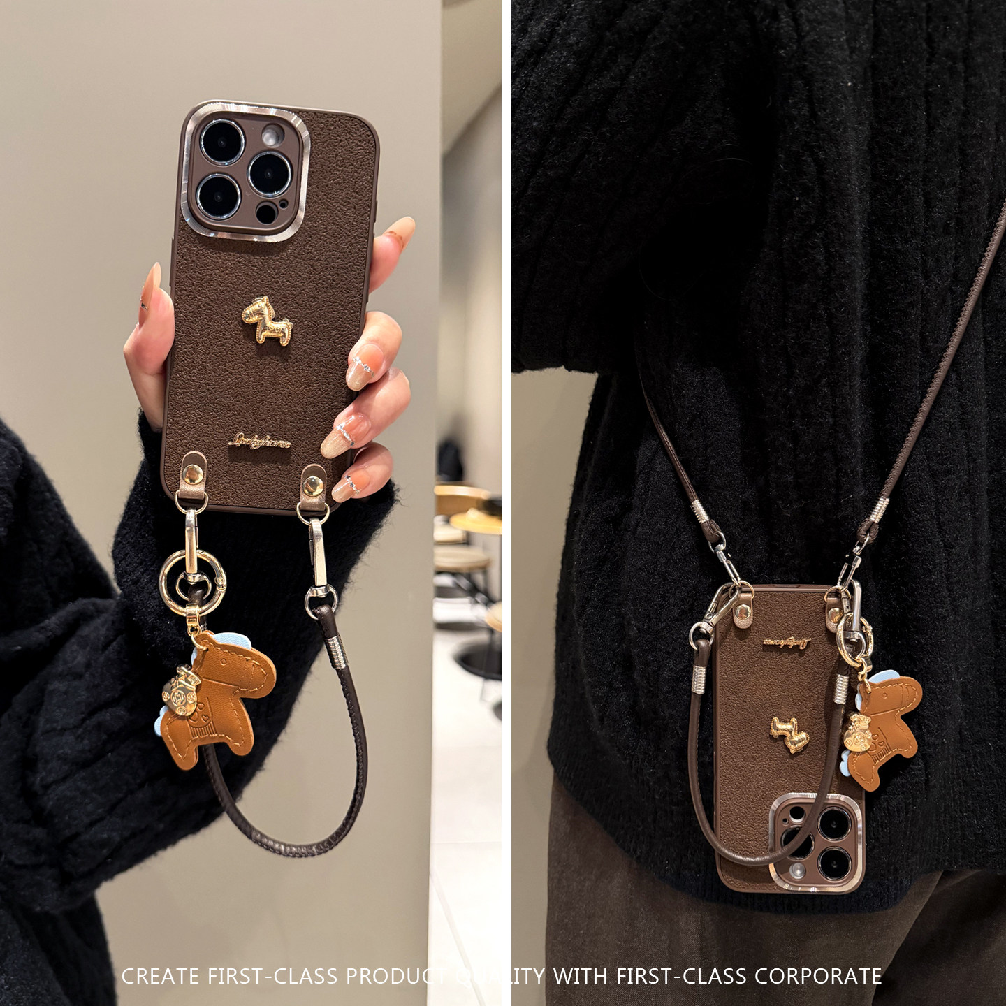 ブラウン、洗練されたデザインにゴールドのポニーデザイン、Apple iPhone 17 Pro Max、新スタイル、16 Pro、秋/冬、クリエイティブなデザイン、ハンドヘルド/クロスボディ、女性用シリコン保護ケースに適しています。