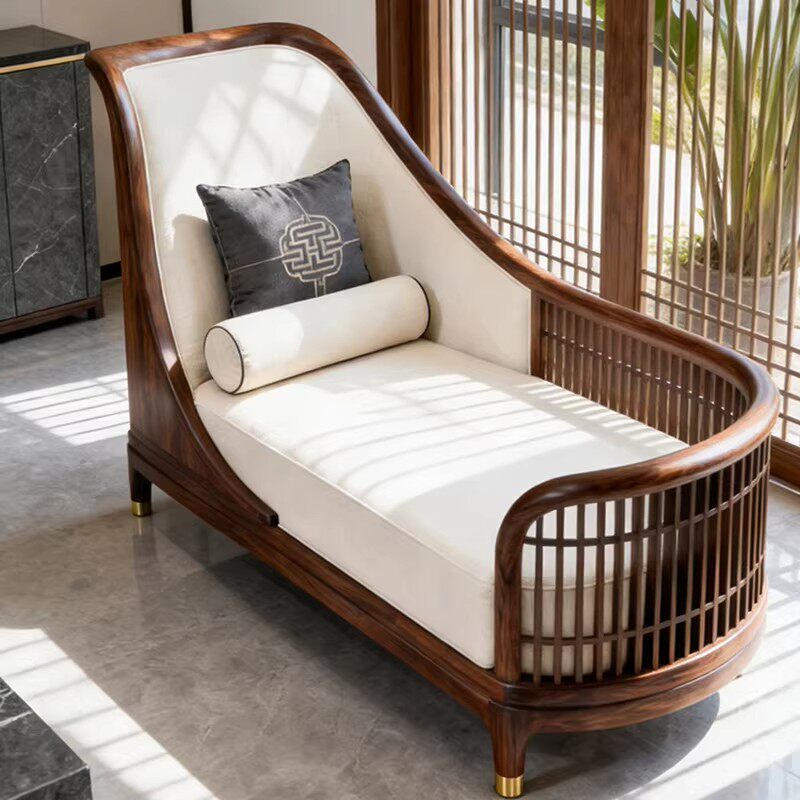 New Chinese-Style Black Walnut Solid Wood Chaise Lounge 2026 New Model Song-Style Aesthetics Minimalist Sofa Lounge Chair for Home Living Room