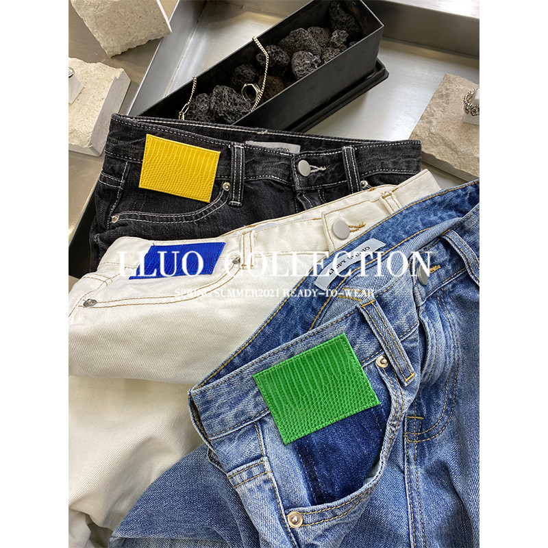 Clearance pick-up leak customer supply 100 cotton color contrast labeling washed white jeans women's summer slit straight trousers