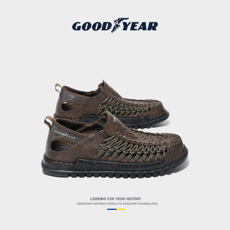 Goodyear genuine leather Baotou sandals men's summer new soft-bottom casual beach shoes men weave holes shoe men