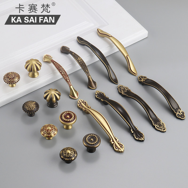 Full copper European-style door handle American retro wardrobe pure bronze cabinet door furniture antique brass handle whole cupboard New Chinese style