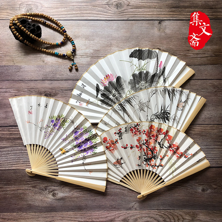 Chinese style hand-painted rice paper folding fan Chinese painting flower and bird Hanfu Tibetan sword photo fan retro portable summer men and women fan