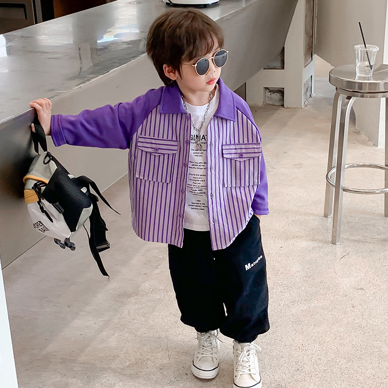 Boy shirt 2023 Spring autumn season new yuppie handsome net red male baby striped collar autumn clothing ruffled children's blouses-Taobao