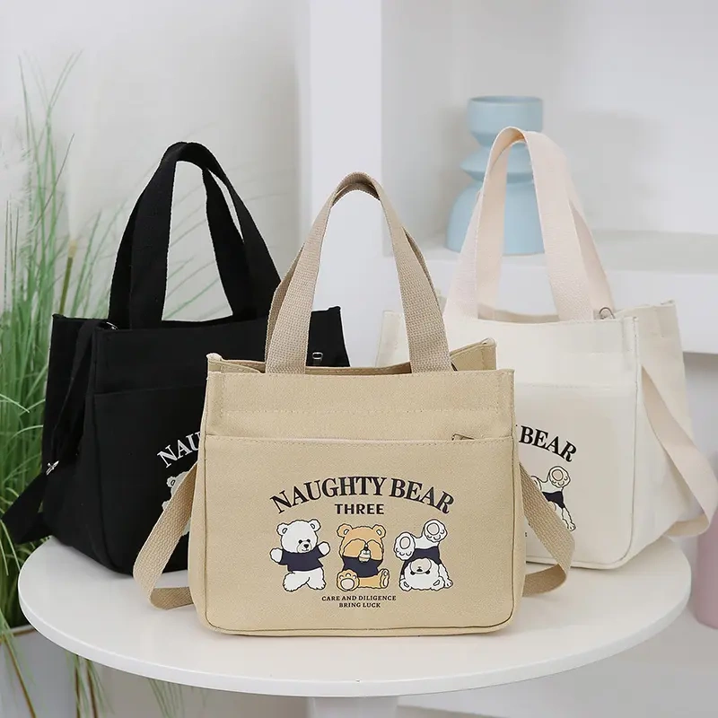 Zippered Outer Pocket Canvas Tote Bag Mommy Bag Cartoon Portable Lunch Box Bag Simple Commuter Bag Women's Bag with Shoulder Strap