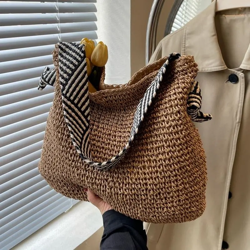 Inbornluck Large-Capacity Straw Woven Bag for Women, Summer 2026 New Style, Beach Vacation Woven Bag, Lazy Style Single Shoulder Bag