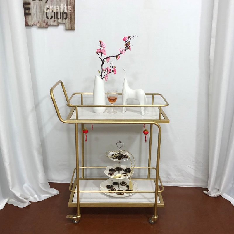 Commercial wrought iron mobile food delivery cart golden trolley three-tier dining car Nordic double-decker wine cart trolley