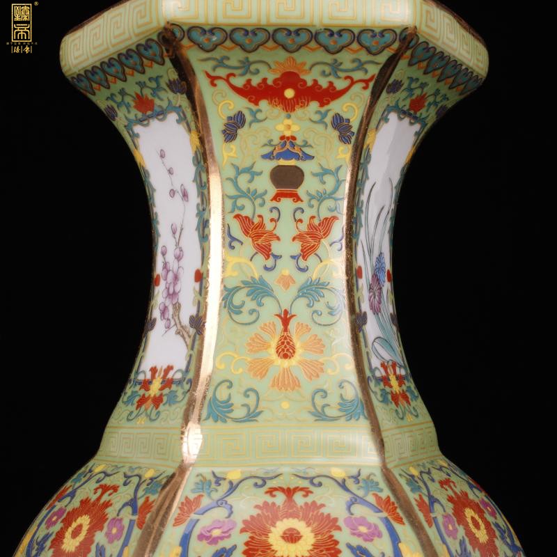 Jingdezhen six - party colored enamel vase imitation qianlong paint painting of flowers and new Chinese style living room decoration antique antique furnishing articles