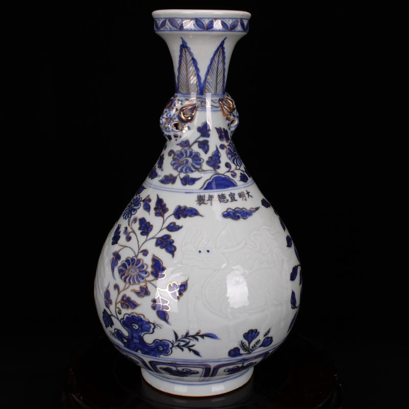 Jingdezhen imitation Ming xuande with hand - made paint shadow blue glaze carving vases, new Chinese style living room boutique soft furnishing articles