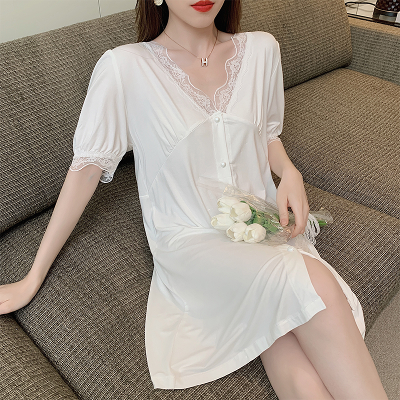 2022 new nightdress female summer thin section short-sleeved loose modal cotton pajamas sexy lace home service