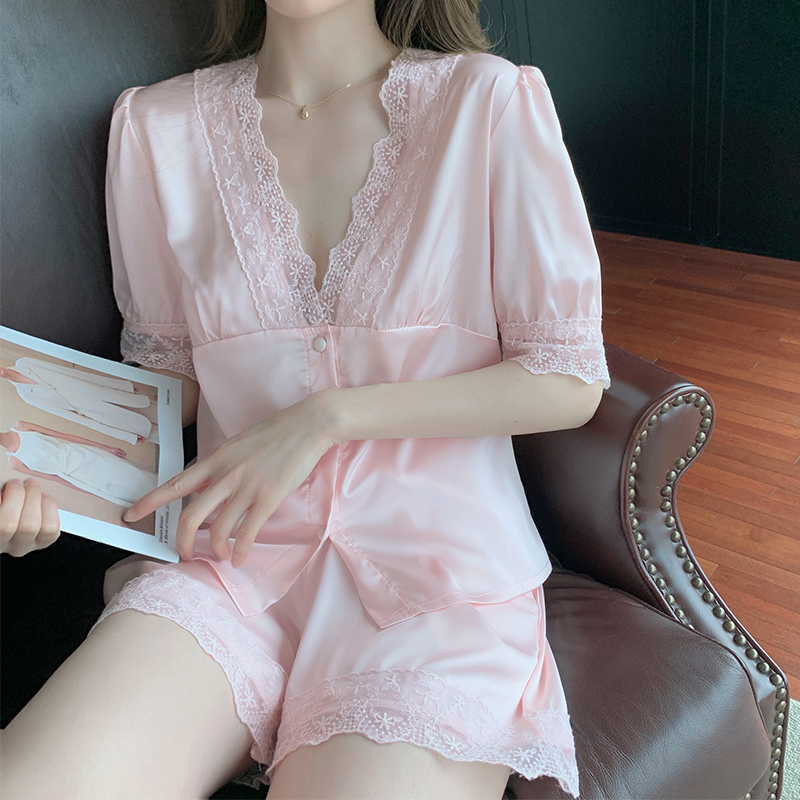 Pajamas women summer ice thread shorts two pieces of package red in wind silk satin lace home suit