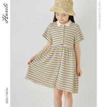 Lake Creek childrens clothes Summer girls Lions dress Summer cotton quality Polo collar short sleeves Striped Girl Turned Shirt Skirt