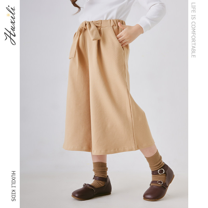 Huxili girls wide-leg cropped pants spring and autumn five-point pants 2021 autumn clothes middle-aged children's casual pants bow