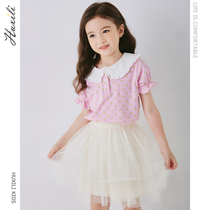 2021 Summer Dress New Girl Short Sleeve T-shirt Foreign Air Children Lace Hollowed-out Korean version CUHK Tong blouses Bo