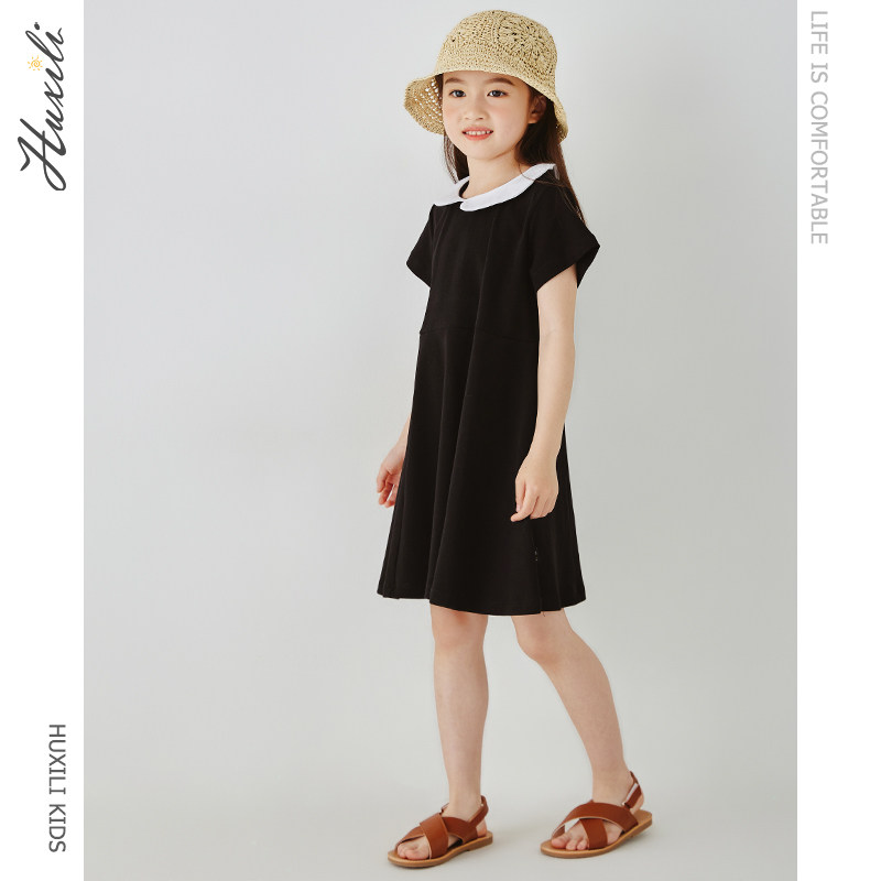 Children's clothing summer new girls simple contrast color stitching doll collar black short-sleeved dress children's lapel skirt