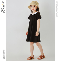 Childrens Clothing Summer New Pint Girl Brief Bump Color Splicing Doll Collar Black Short Sleeve Dress Child Turning Skirt