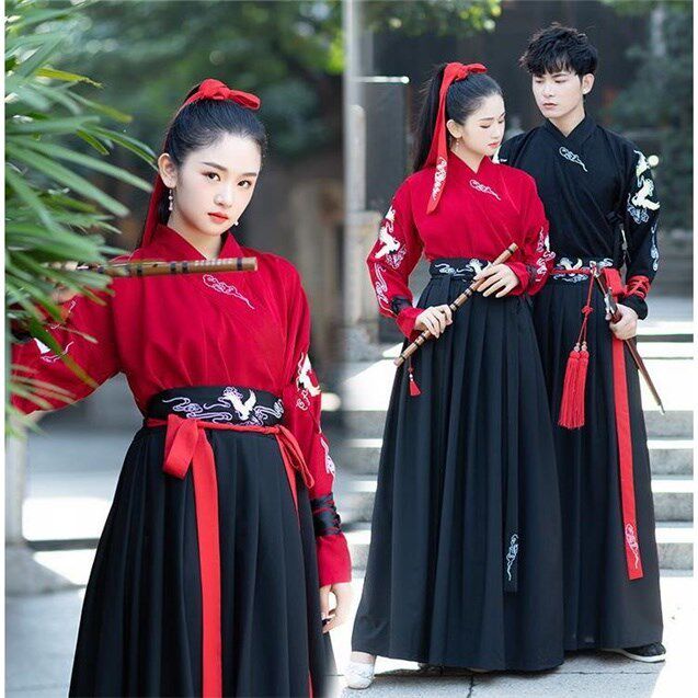 Ancient costumes can be worn daily in spring and autumn, cranes, embroidery, cross-collar skirts, martial arts style couples, CP outfits, student class suits