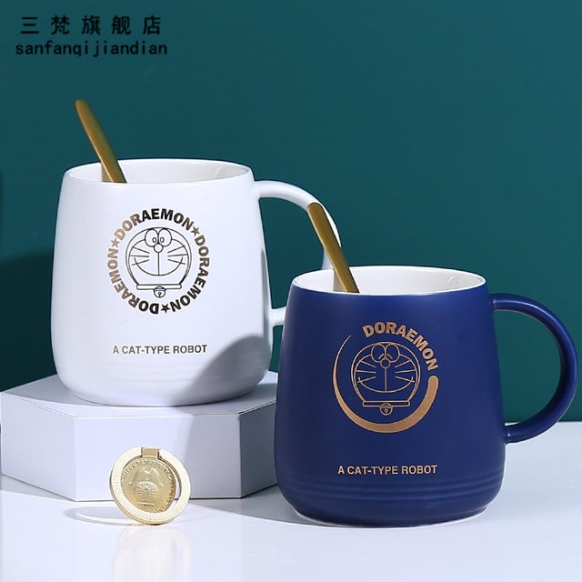 Sanfan Blue Fatty Ceramic Mug with Lid Spoon Creative Personality Cute Jingle Cat Large Capacity Couple Coffee Cup