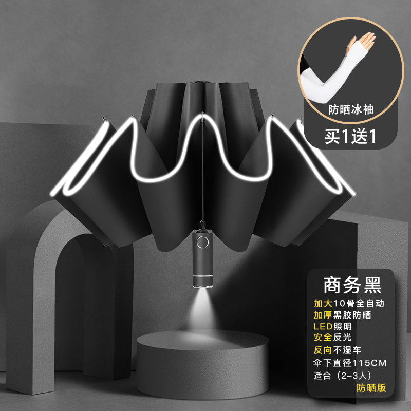 Enlarge Fully Automatic Reverse Black Rubber Umbrella - Business Black [With LED Light]fully automatic Umbrella male Sunny and rainy Dual purpose sun umbrella female fold Large customized Advertising umbrella Logo sunshade Reverse parachute