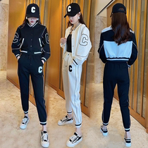 European sports and leisure suit female spring and autumn 2023 high waist color matching baseball uniform jacket sweater fried street two-piece set