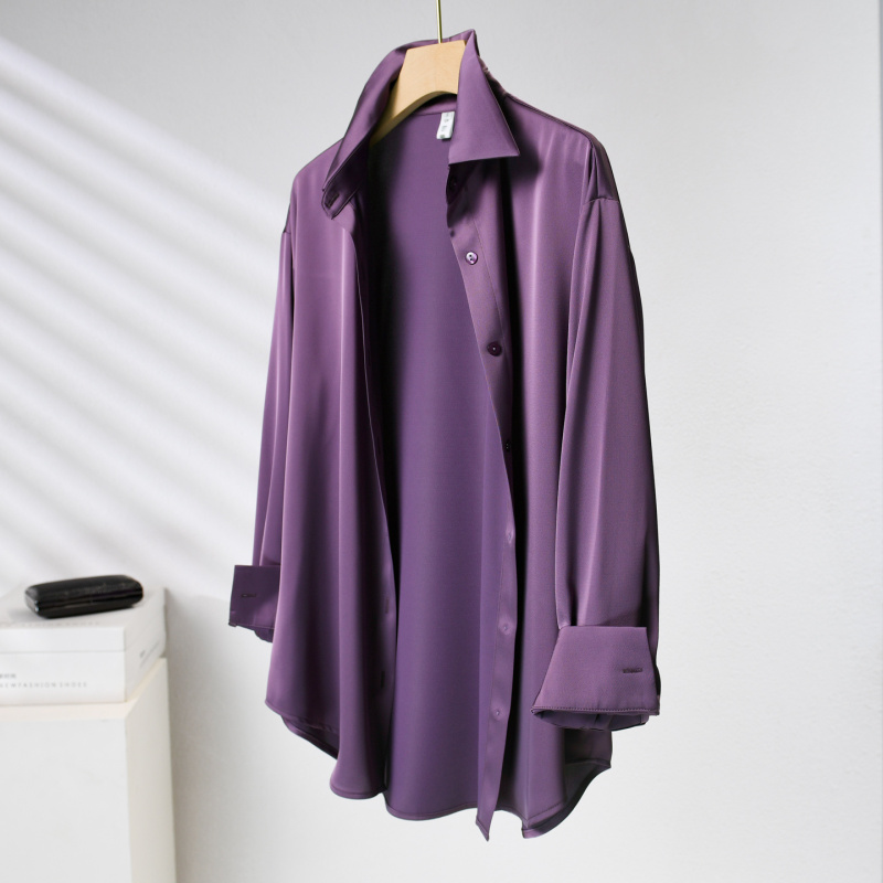 Xiaoyer High-End Draped Imitation Acetate Satin Shirt Women's Fashionable Loose Casual Large Size Purple Shirt