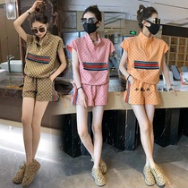 O Goods Fashion Casual Sports Suit Women Summer Nets Red Ocean Grid Jacquard Short Sleeve Shorts Fried Street Two Pieces