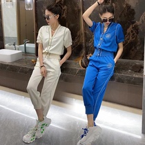 Spring and summer casual fashion ice silk European goods suit female 2023 foreign style flower short-sleeved fashionable age-reducing temperament two-piece suit