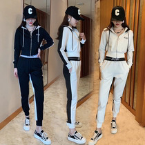 Sports Suit Women Spring 2022 New Fashion High Waist Black & White Collision Color Little Casual Ocean Gas Display Slim two sets