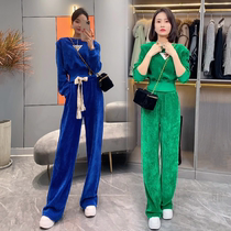 Chenille wide-leg pants suit women spring and autumn 2023 brushed velvet foreign style sweater net red fashion two-piece trend