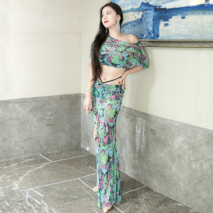 Please Dream Wind Alu Belly Leather Dance 2021 Summer New Green Flower Color Mesh Yarn Printing Practice Dresses Fairy's Actress Performance Suit