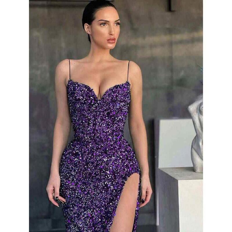 Stunning European and American Fashion Sequin Sparkling Spaghetti Strap Dress Red Sexy Elegant Gown with Slit Long Dress