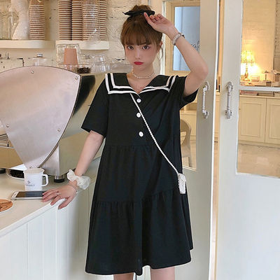 2021夏季新款韩版学院风中长款宽松显瘦海军领短袖连衣裙女学生潮