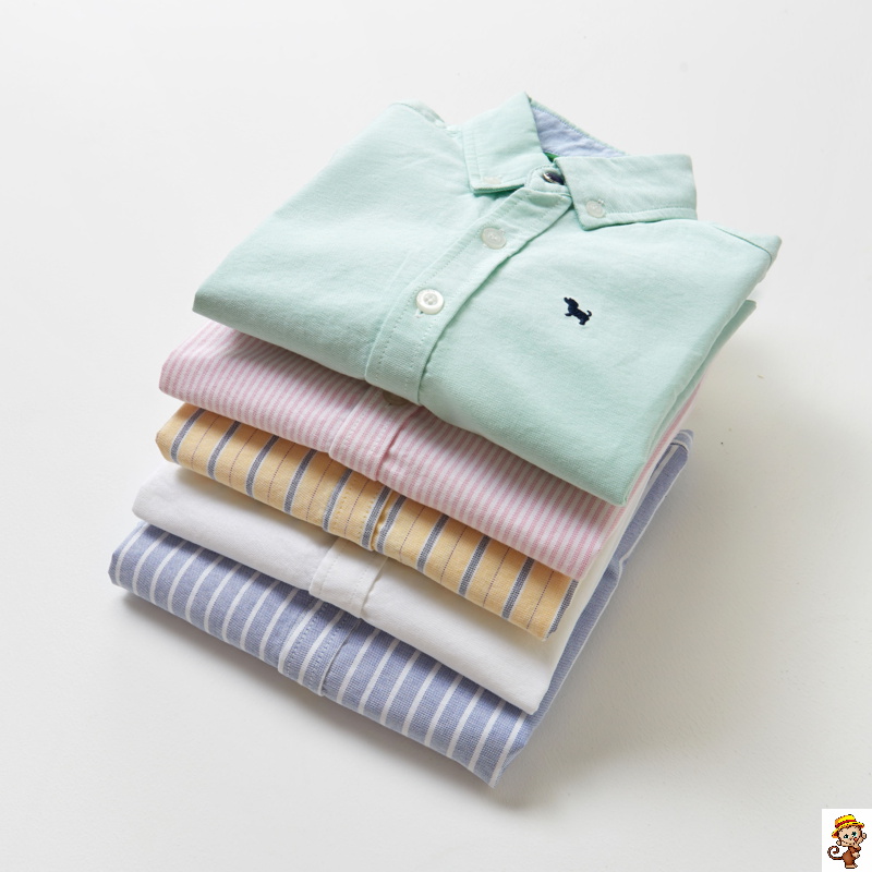 Chàng trai cotton dài tay áo sơ mi trắng Oxford quay áo khoác quần áo trẻ em bông vừa của sọc áo kẻ sọc trẻ em.