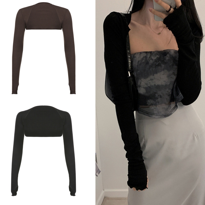 Women's Thumb Hole Long Sleeve Bolero Shrug Solid Color Open Fr