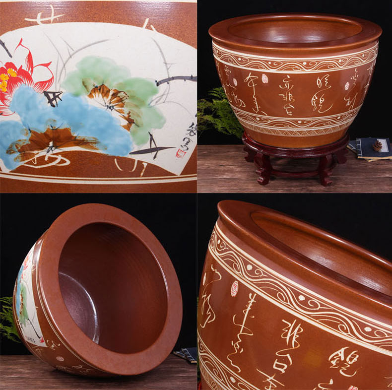 Jingdezhen ceramic aquarium large goldfish bowl water lily always LianHe flower tortoise cylinder brocade carp painting and calligraphy cylinder package mail