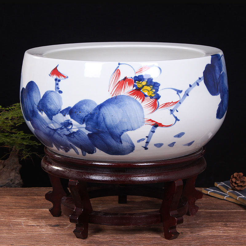 Blue and white porcelain of jingdezhen ceramics shallow daikin aquarium tortoise refers to flower pot furnishing articles large cylinder water lily