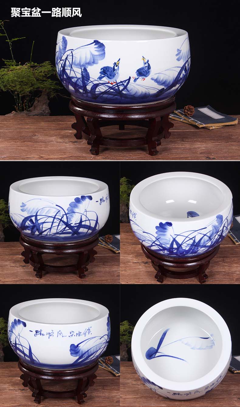 Blue and white porcelain of jingdezhen ceramics shallow daikin aquarium tortoise refers to flower pot furnishing articles large cylinder water lily