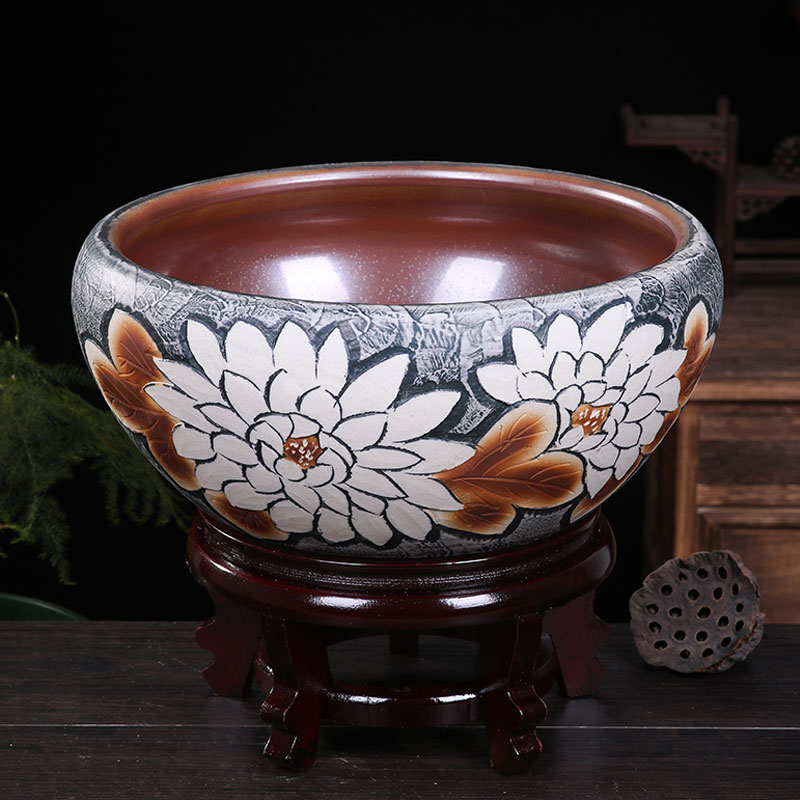 High temperature ceramic cylinder lotus carving a goldfish bowl leaf lotus birdbath household tortoise cylinder contracted decoration of home stay facility