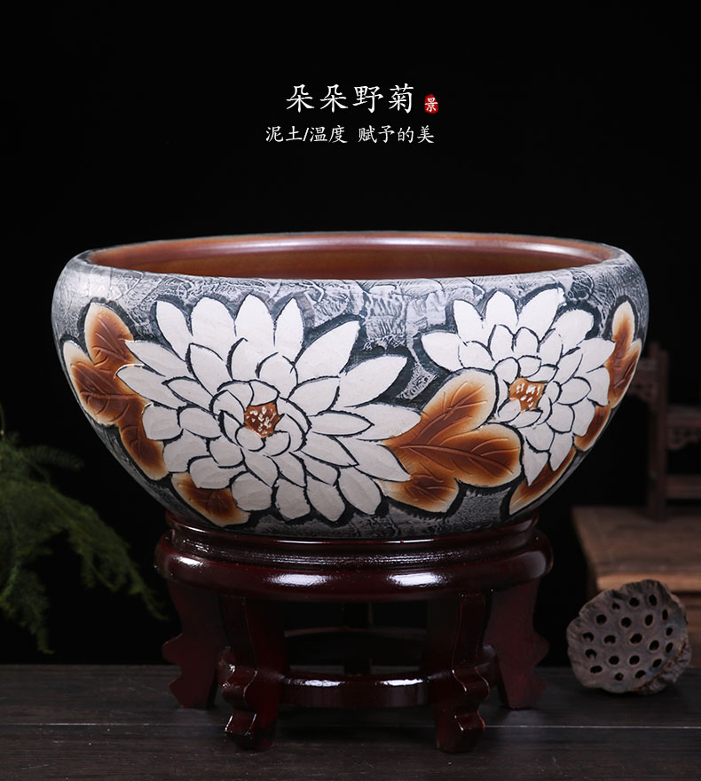 High temperature ceramic cylinder lotus carving a goldfish bowl leaf lotus birdbath household tortoise cylinder contracted decoration of home stay facility