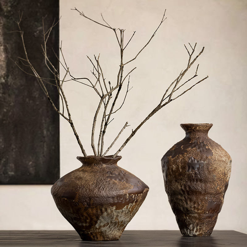 Jingdezhen Vintage Ceramic Tabletop Vase Zen Wabi-Sabi Style Pottery Jar Ornament for Dried Flowers, Flower Arrangement, Rustic Pottery Hydroponic Decoration