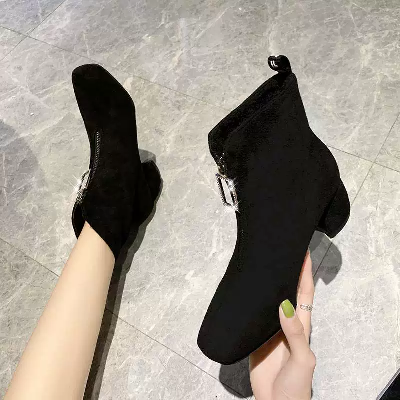 Giày Uncle Da Vinci da lộn retro giày Martin 2019 mùa thu và mùa đông mới dây kéo phía trước giày cao gót giữa trăm - Kính khung