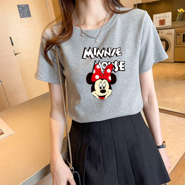 Gray front shoulder short-sleeved Mickey t-shirt women's summer 2023 new cotton round neck half-sleeved loose Korean print top