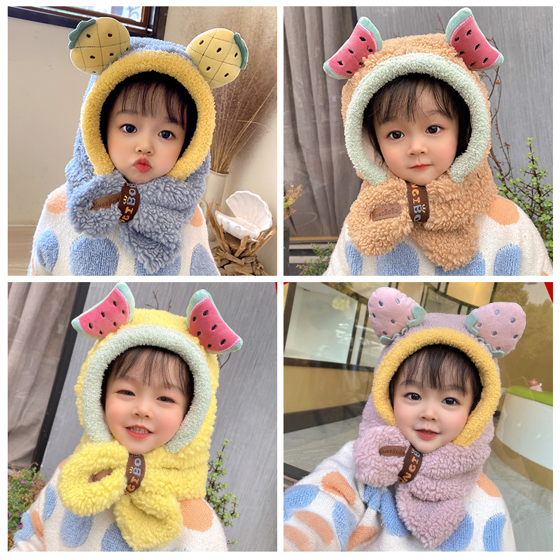 Children's hat scarf integrated autumn and winter baby boy girl baby bib neck thick cute windproof pulley hat