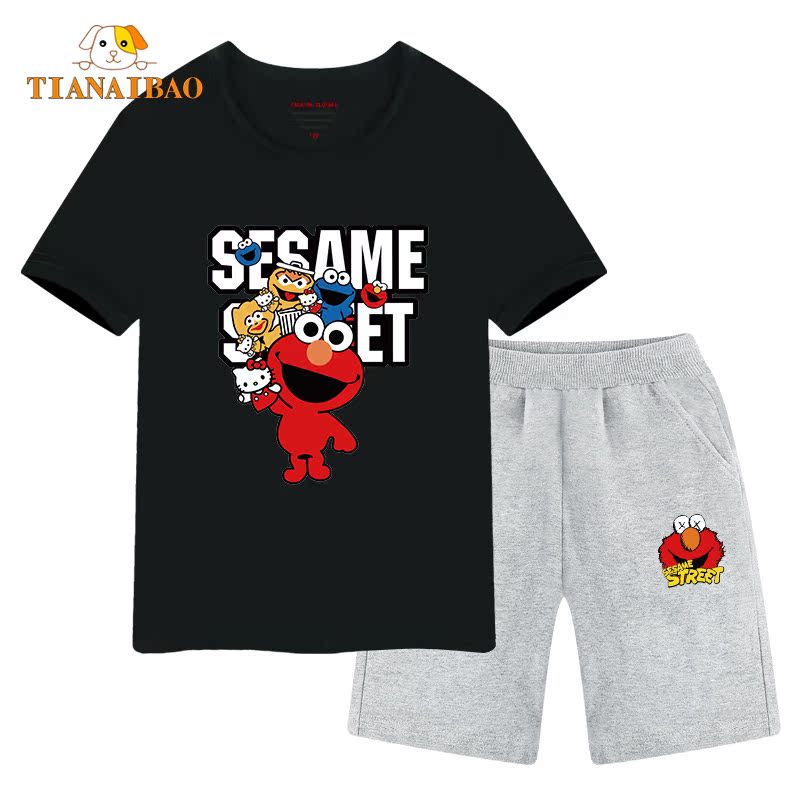 Sesame Street trai Summer Suit 2020 New Ins Tide Cô gái ngắn tay Kids Với Shorts bông.