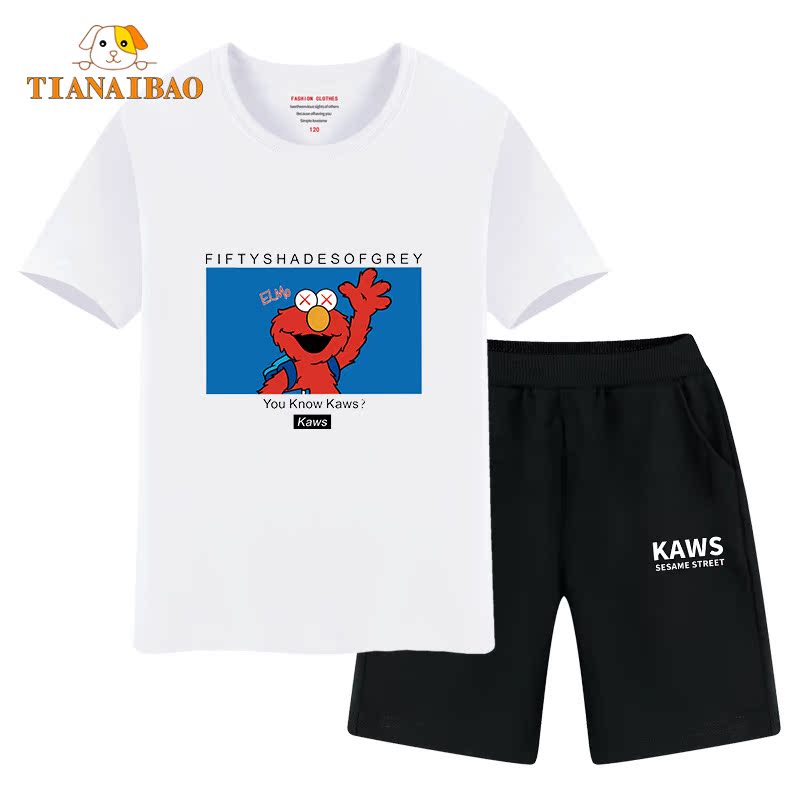 Sesame Street trai Summer Suit 2020 New Ins Tide Cô gái ngắn tay Kids Với Shorts bông.