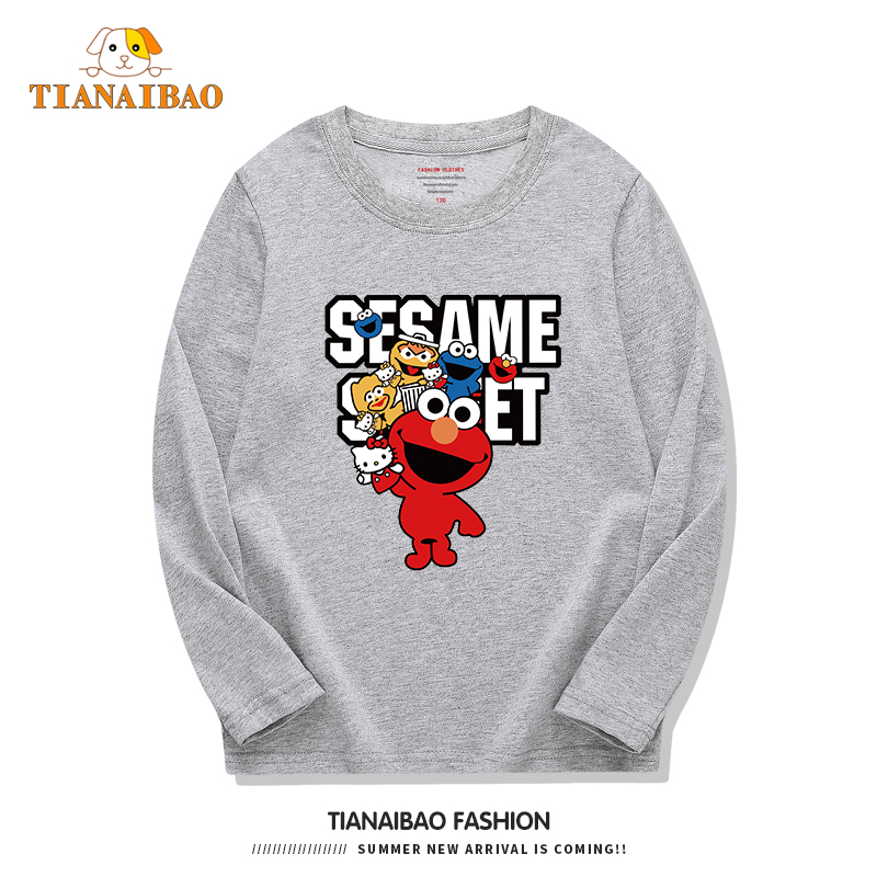 Trẻ em Sesame Street Hàn Quốc phiên bản của T-shirt dài tay áo lỏng lẻo cậu bé mùa xuân mỏng clothgirl đầu trẻ em nhấn thẻ đáy