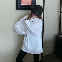 White loose long sleeve T-shirt female spring and autumn 2021 new simple embroidery medium long cotton large version T-shirt